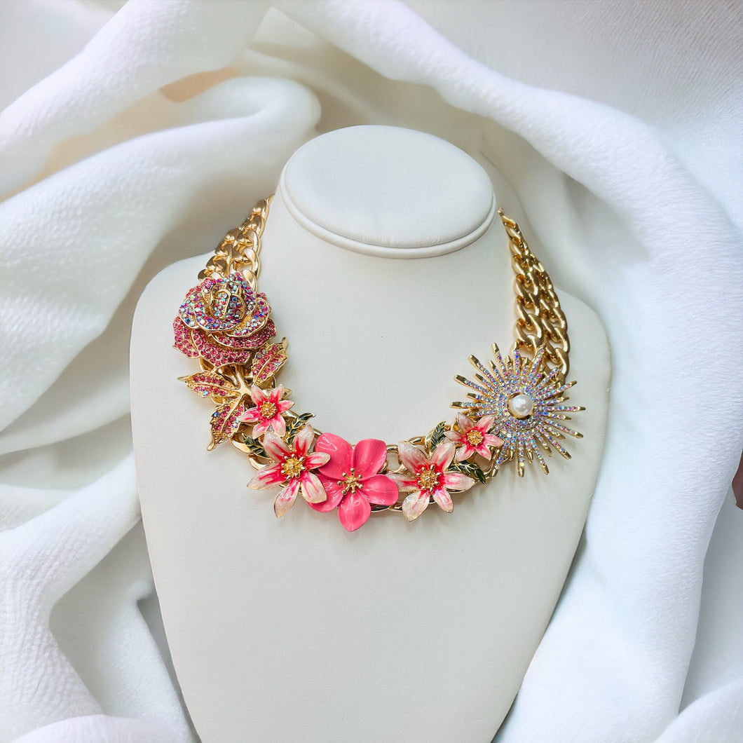 Pink Flower Necklace, Pink Necklace, Spring Jewelry
