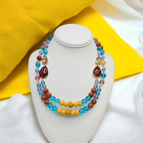 Wire wrapped Necklace, Blue and Yellow Wire Wrapped Necklace, Blue Multi color Beaded Necklace