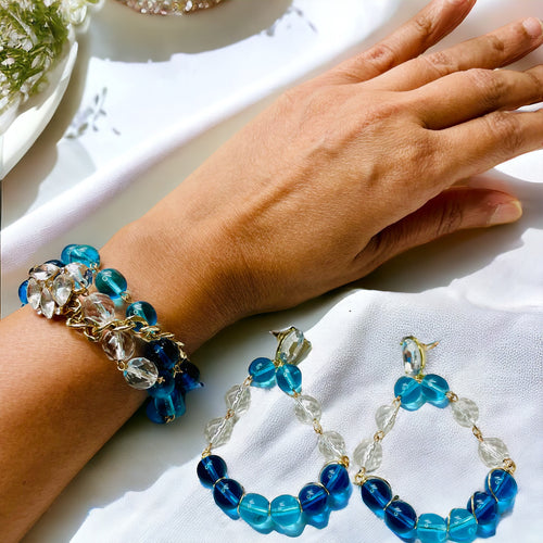Blue Bracelet, Wire Wrapped Earrings