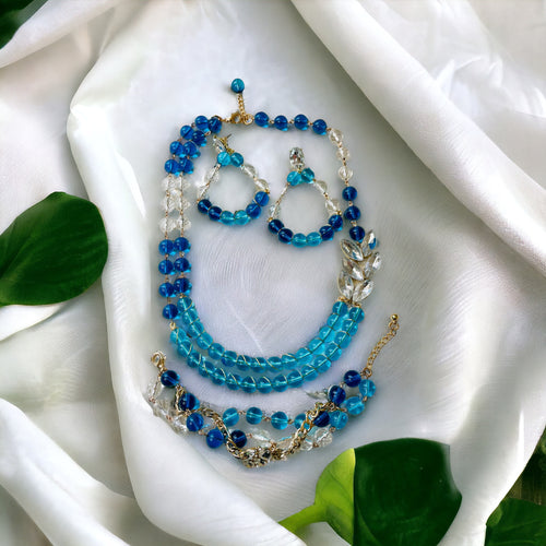 Blue Beaded Necklace Set, Wire Wrapped Jewelry