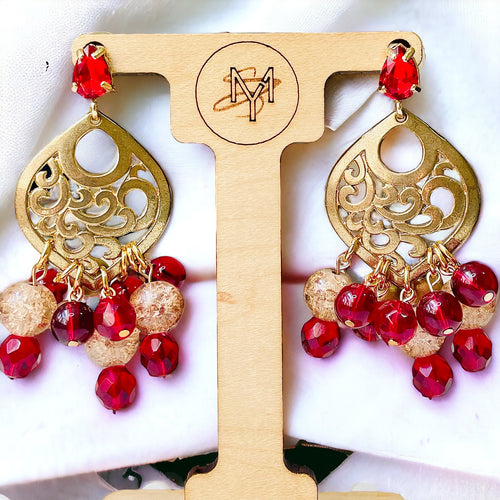 Red and Gold Filigree Chandelier Earrings, Chandelier Earrings