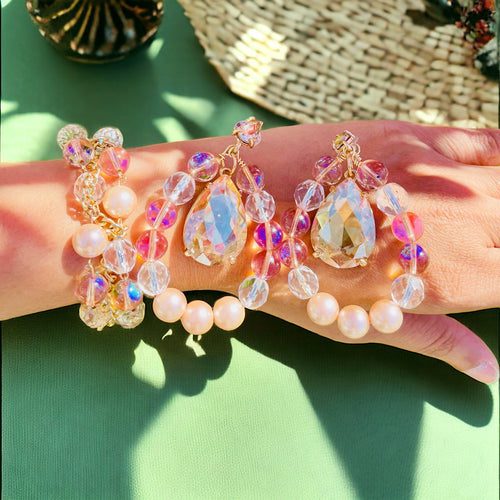 Peach and Pink beaded bracelet and earring set