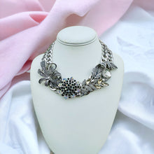 Load image into Gallery viewer, Black and Silver Statement Necklace, Black Necklace, Flower Necklace, Summer Jewelry
