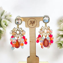 Load image into Gallery viewer, Pink and Orange Beaded Earrings, Flower Earrings, Chandelier Earrings
