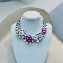 Load image into Gallery viewer, FLORENTINA - Pink and Silver Flower Statement Necklace
