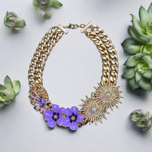 Load image into Gallery viewer, CHRISOULA - Purple and Gold  Flower Statement Necklace
