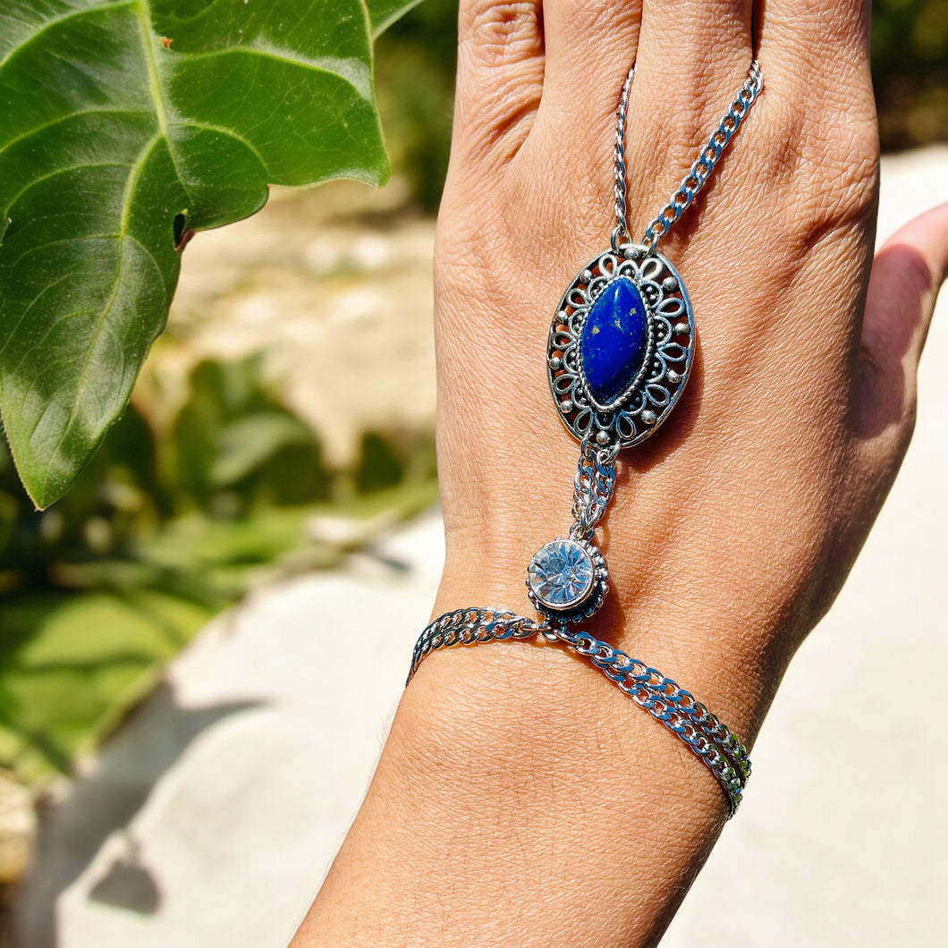 Blue and Silver Finger Bracelet, Ring Bracelet, Boho Bracelet