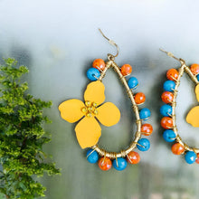 Load image into Gallery viewer, NITA- Yellow, Blue and Orange Flower Beaded Tear Drop Earrings
