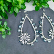 Load image into Gallery viewer, RIANKA- Gray and Crystal Wire-wrapped Flower Beaded Tear Drop Earrings
