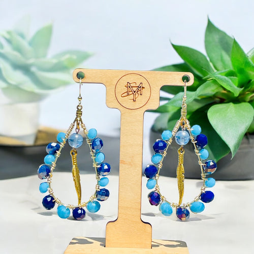 Blue and Gold Tear Drop Earrings, Wire Wrapped Earrings