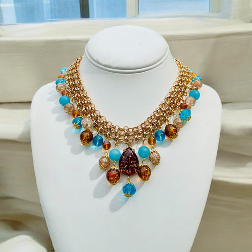 Blue and Amber Choker Necklace, Blue and Brown Beaded Necklace