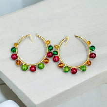 Load image into Gallery viewer, LYZA- Red, Green and Amber Multi-colored Beaded Wire-wrapped Hoop Earrings
