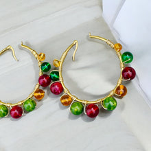 Load image into Gallery viewer, LYZA- Red, Green and Amber Multi-colored Beaded Wire-wrapped Hoop Earrings
