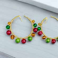 Load image into Gallery viewer, LYZA- Red, Green and Amber Multi-colored Beaded Wire-wrapped Hoop Earrings
