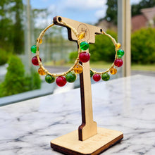 Load image into Gallery viewer, LYZA- Red, Green and Amber Multi-colored Beaded Wire-wrapped Hoop Earrings
