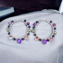 Load image into Gallery viewer, LUCIE-Purple and Silver Multi-colored Beaded Wire-wrapped Hoop Earrings
