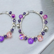 Load image into Gallery viewer, LUCIE-Purple and Silver Multi-colored Beaded Wire-wrapped Hoop Earrings
