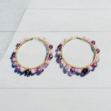 Load image into Gallery viewer, JAZZIE- Purple and Pink Multi-colored Beaded Wire-wrapped Hoop Earrings
