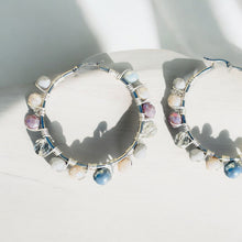 Load image into Gallery viewer, KAMIE- Light Gray and Blue, Silver Multi-colored Beaded Wire-wrapped Hoop Earrings
