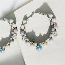 Load image into Gallery viewer, KAMIE- Light Gray and Blue, Silver Multi-colored Beaded Wire-wrapped Hoop Earrings
