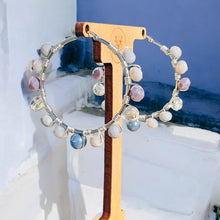 Load image into Gallery viewer, KAMIE- Light Gray and Blue, Silver Multi-colored Beaded Wire-wrapped Hoop Earrings
