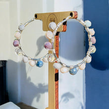 Load image into Gallery viewer, KAMIE- Light Gray and Blue, Silver Multi-colored Beaded Wire-wrapped Hoop Earrings
