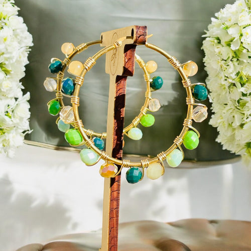 Green and Gold Beaded Hoops