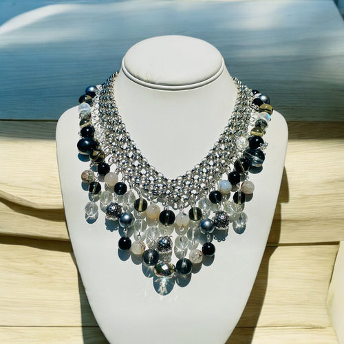 Black and Gray, Silver Beaded Short Necklace