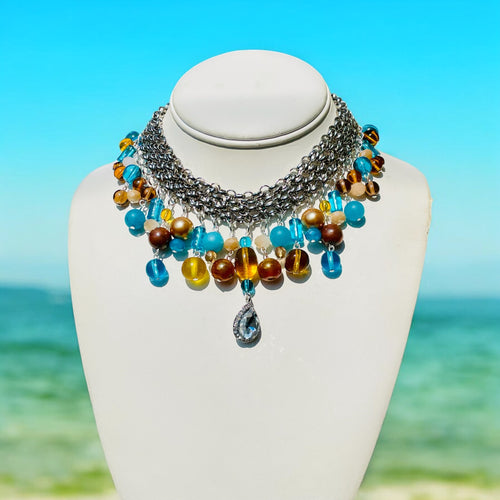 Turquoise and Amber Choker Necklace, Choker Necklace