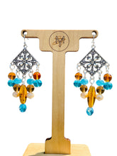 Load image into Gallery viewer, RHEA- Turquoise, Amber and Silver Multi colored Beaded Chandelier Earrings
