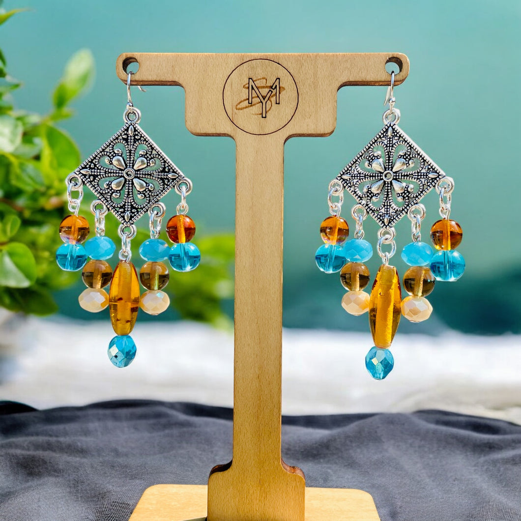 Turquoise and Amber Chandelier Earrings, Turquoise Earrings