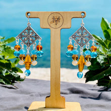 Load image into Gallery viewer, RHEA- Turquoise, Amber and Silver Multi colored Beaded Chandelier Earrings
