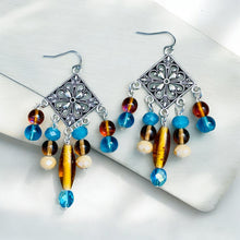 Load image into Gallery viewer, RHEA- Turquoise, Amber and Silver Multi colored Beaded Chandelier Earrings
