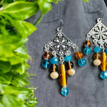 Load image into Gallery viewer, RHEA- Turquoise, Amber and Silver Multi colored Beaded Chandelier Earrings
