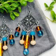 Load image into Gallery viewer, RHEA- Turquoise, Amber and Silver Multi colored Beaded Chandelier Earrings
