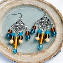 Load image into Gallery viewer, RHEA- Turquoise, Amber and Silver Multi colored Beaded Chandelier Earrings
