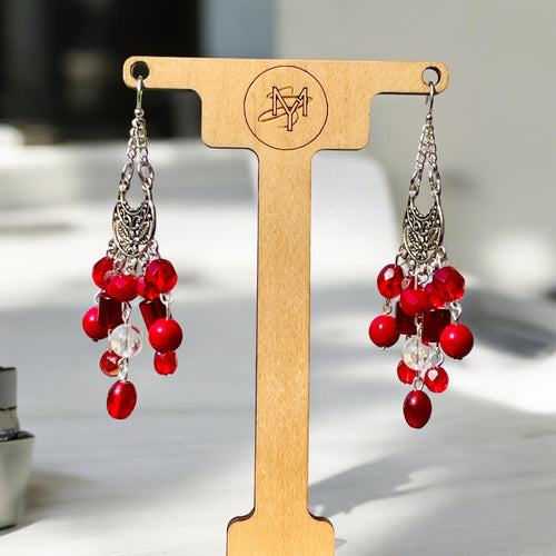 Red and Gray Chandelier Earrings, Red Earrings