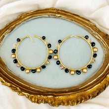 Load image into Gallery viewer, ROSEANNE- Black and Gold Beaded Wire-wrapped Hoop Earrings
