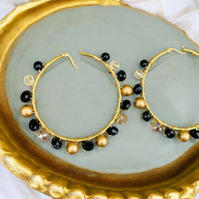 Load image into Gallery viewer, ROSEANNE- Black and Gold Beaded Wire-wrapped Hoop Earrings
