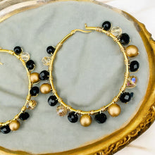 Load image into Gallery viewer, ROSEANNE- Black and Gold Beaded Wire-wrapped Hoop Earrings
