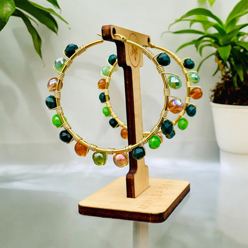 Green and Gold Beaded Hoops