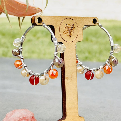 Orange Beaded Wire wrapped Earrings, Hoop Earrings