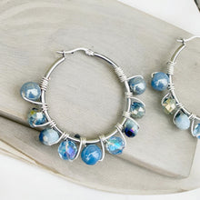 Load image into Gallery viewer, CALIA- Blue and Brown Silver Multi-colored Beaded Wire-wrapped Hoop Earrings
