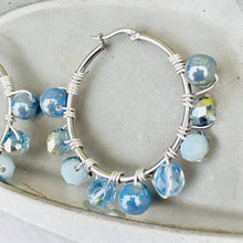 Load image into Gallery viewer, CALIA- Blue and Brown Silver Multi-colored Beaded Wire-wrapped Hoop Earrings
