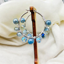 Load image into Gallery viewer, CALIA- Blue and Brown Silver Multi-colored Beaded Wire-wrapped Hoop Earrings
