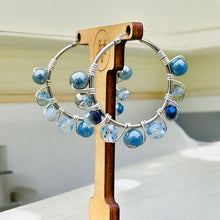 Load image into Gallery viewer, CALIA- Blue and Brown Silver Multi-colored Beaded Wire-wrapped Hoop Earrings
