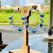 Load image into Gallery viewer, CALIA- Blue and Brown Silver Multi-colored Beaded Wire-wrapped Hoop Earrings
