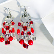 Load image into Gallery viewer, VALENTINA- Red and Silver Multi colored Beaded Chandelier Earrings
