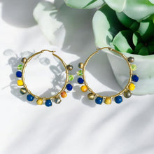 Load image into Gallery viewer, YADIRA- Blue and Yellow Gold Multi-colored Beaded Wire-wrapped Hoop Earrings
