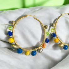 Load image into Gallery viewer, YADIRA- Blue and Yellow Gold Multi-colored Beaded Wire-wrapped Hoop Earrings
